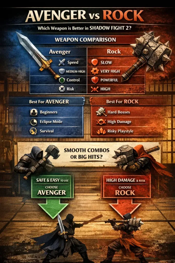 Avenger or Rock – Which Weapon Is Better in Shadow Fight 2? 2 rock or avengers shadow fight 2 mod apk - shadowfite2.com
